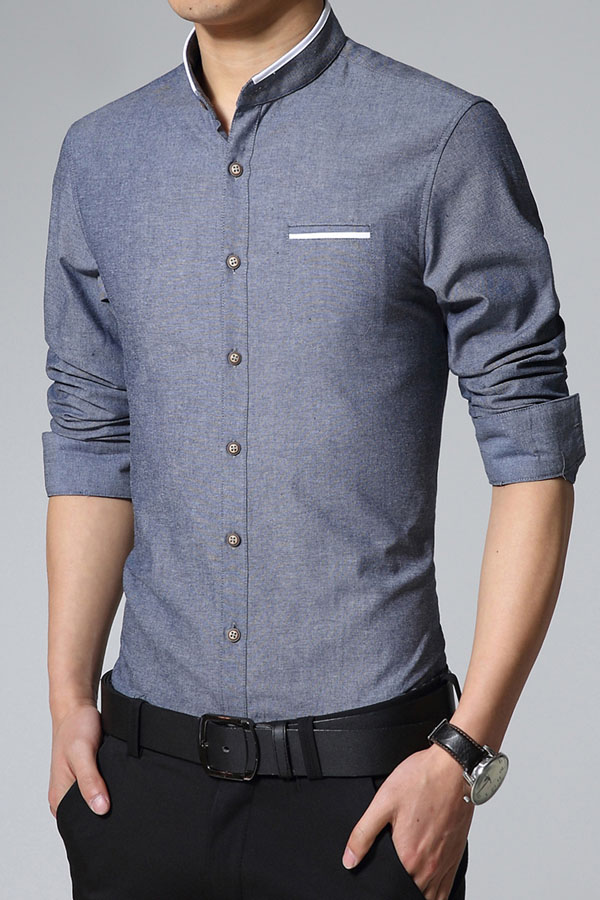 Denim Blue Stand Collar Men Shirts Item No. : MLLC14021-4